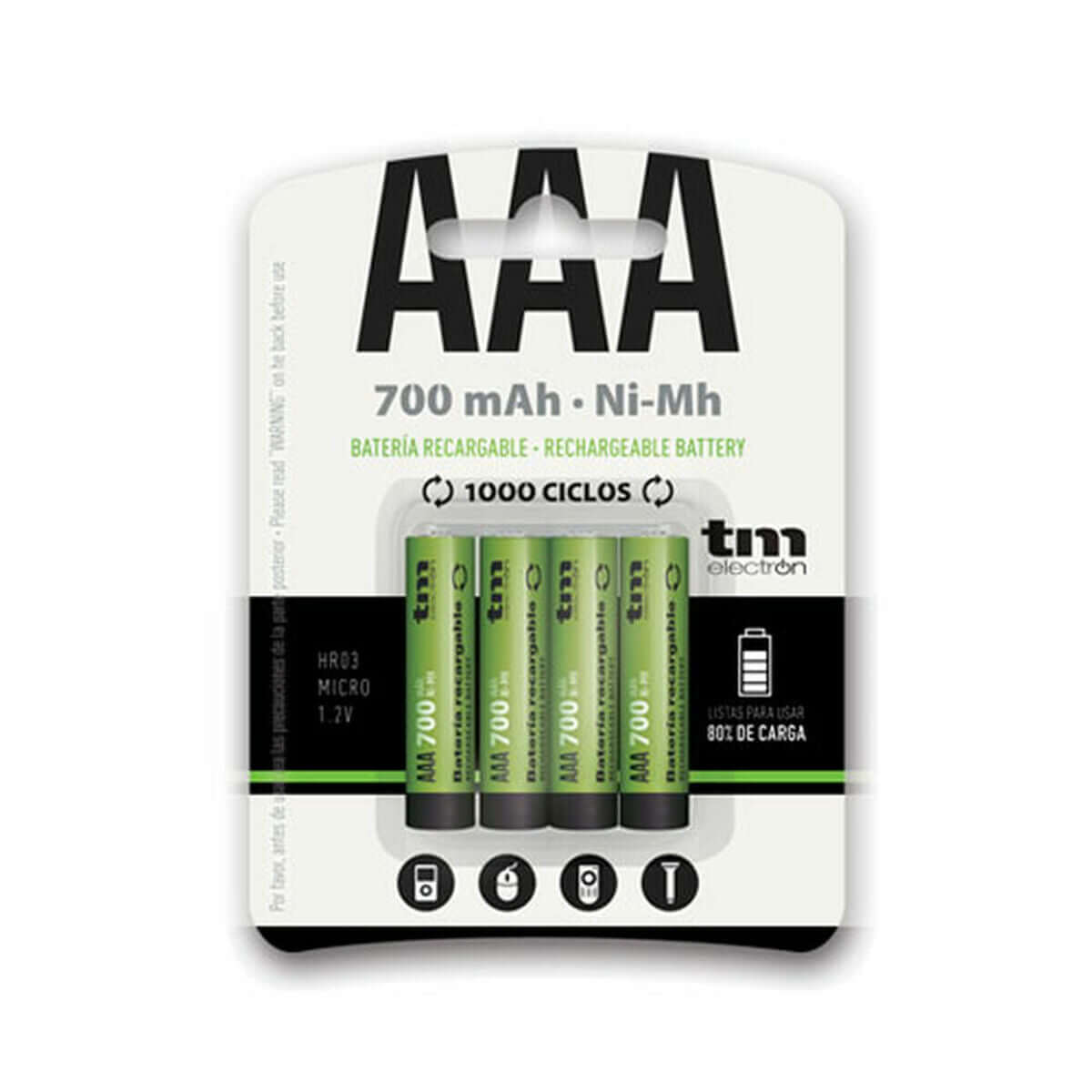 Rechargeable TM Electron R03 Ni-Mh batteries, 700 mAh for outdoor adventures and camping. Available at revlando.com.