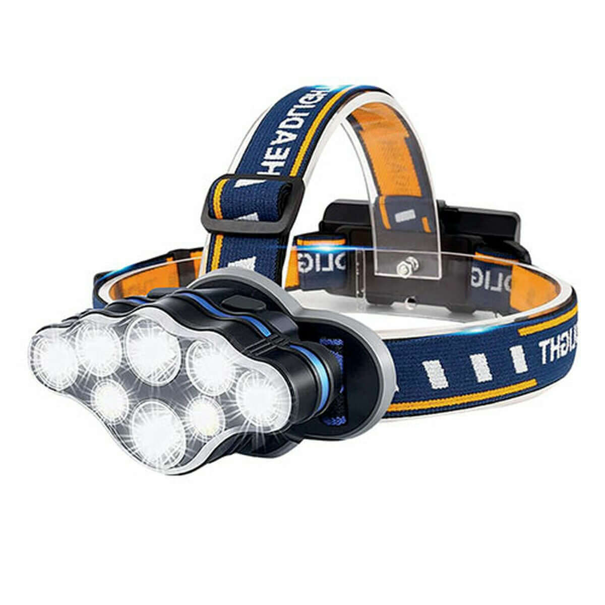 LED Head Torch TM Electron for outdoor camping adventure, featuring water resistance and powerful 8 LED lights.
