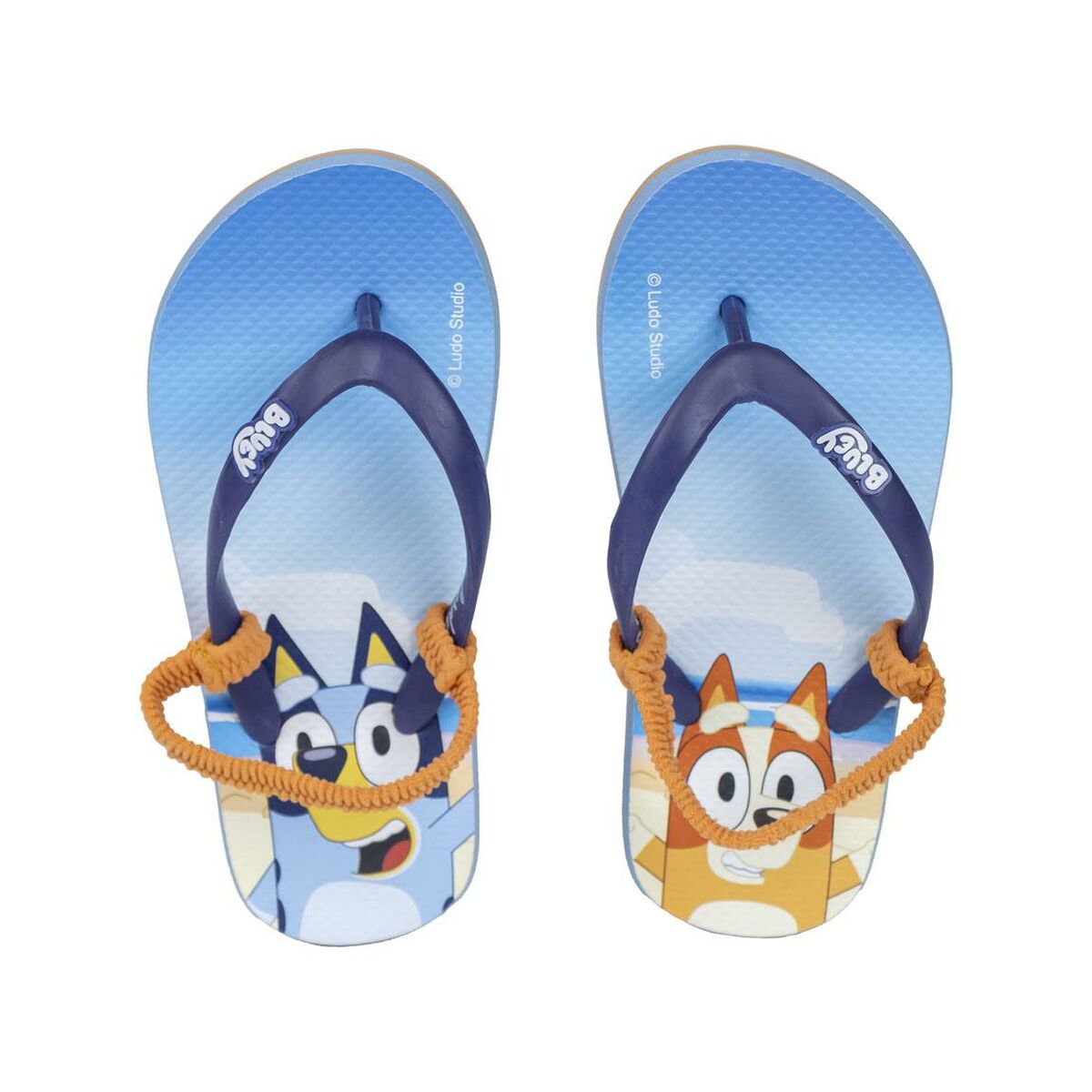 Bluey blue flip flops for children featuring outdoor adventure design, perfect for camping. Available at revlando.com.