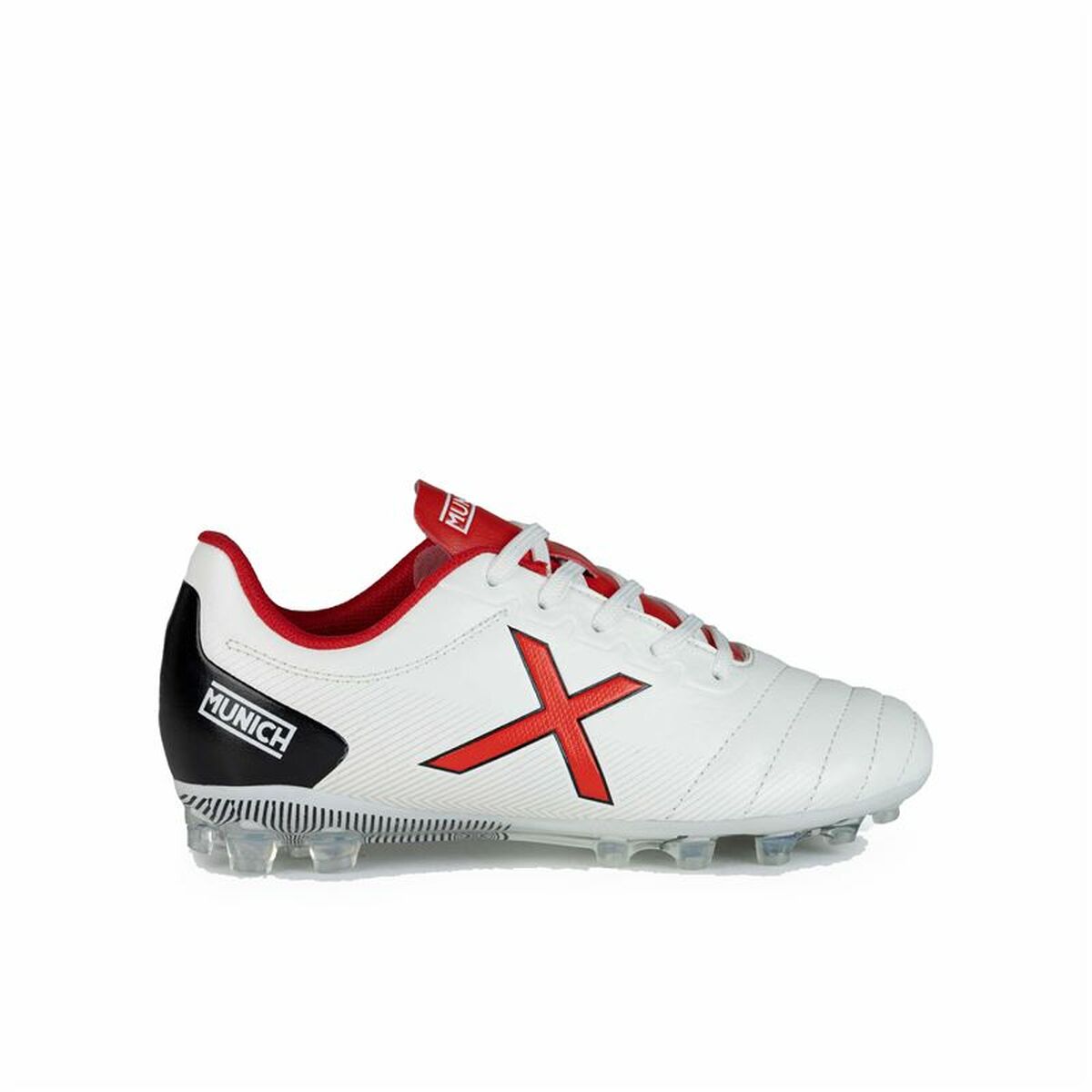 Children's Munich Arenga Kid 305 football boots in white and red for outdoor sports adventures.