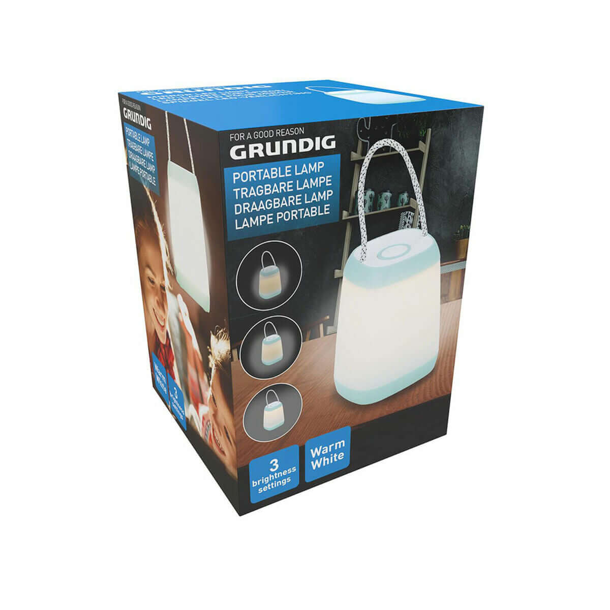 Portable Grundig lamp with handle, battery-operated, ideal for outdoor adventures and camping. Perfect for revlando.com.