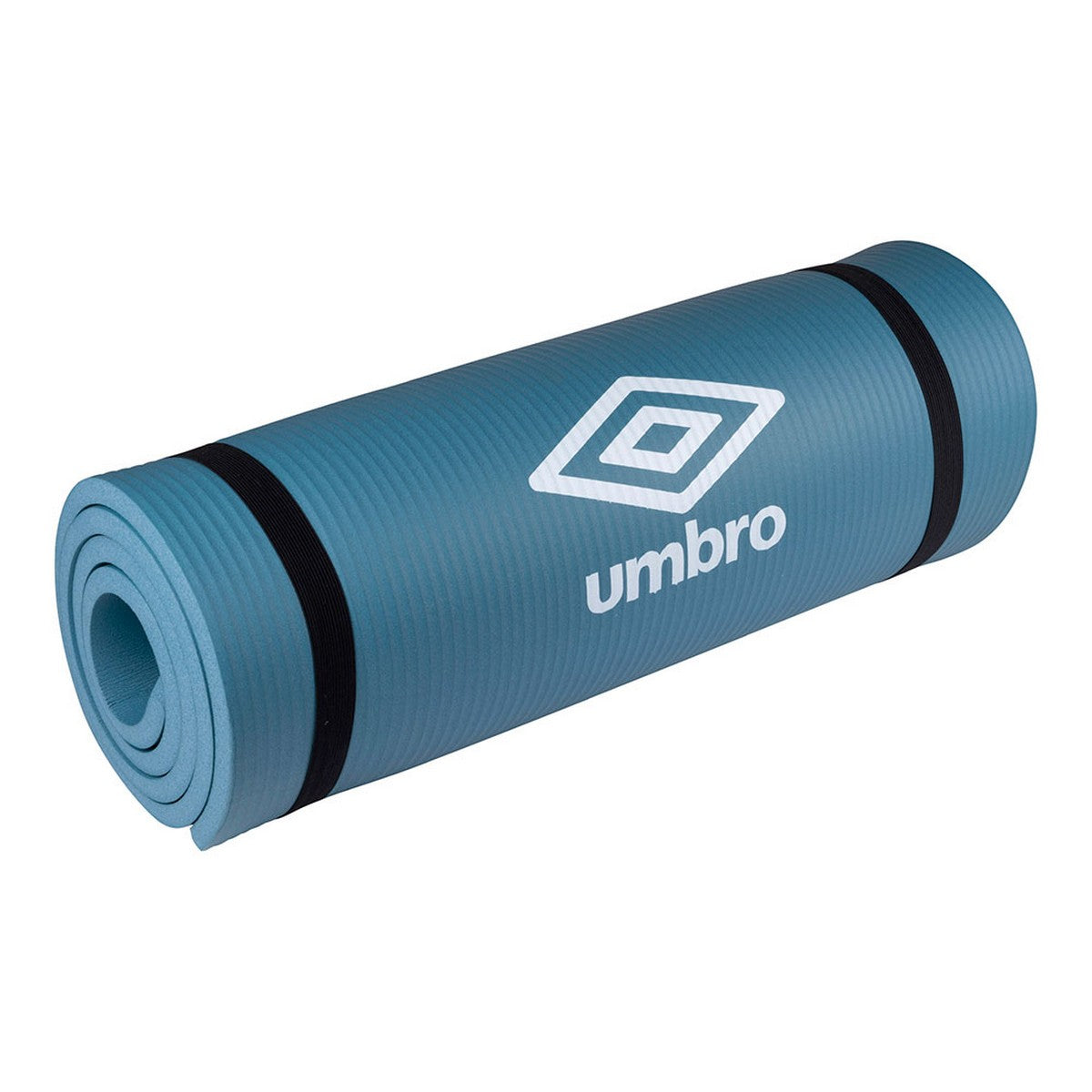 Blue Umbro fitness mat rolled up for outdoor and camping activities, ideal for adventure workouts.