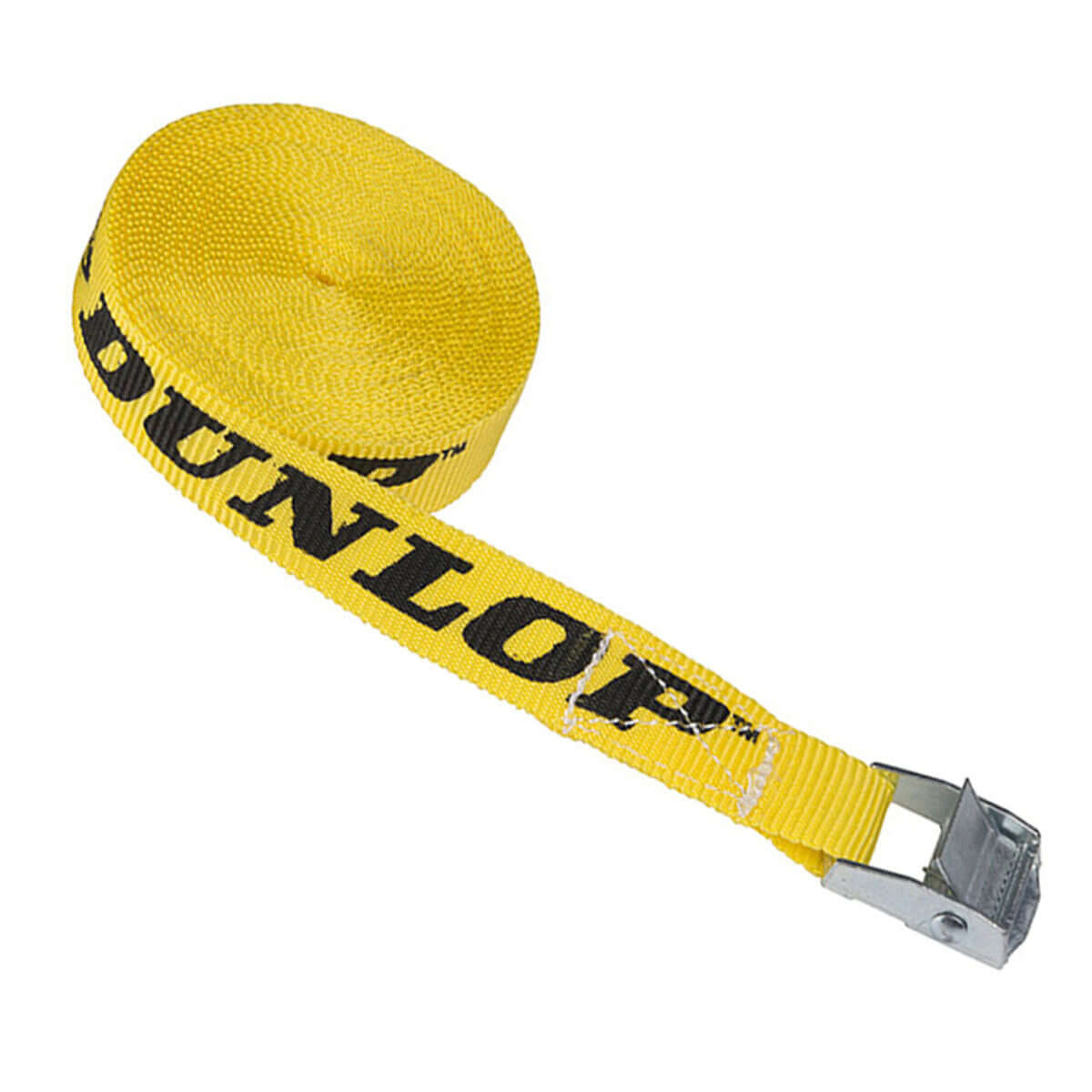 Yellow Fastening Strap Dunlop 5 m, supports 100 kg, ideal for outdoor adventures and camping, available at revlando.com.