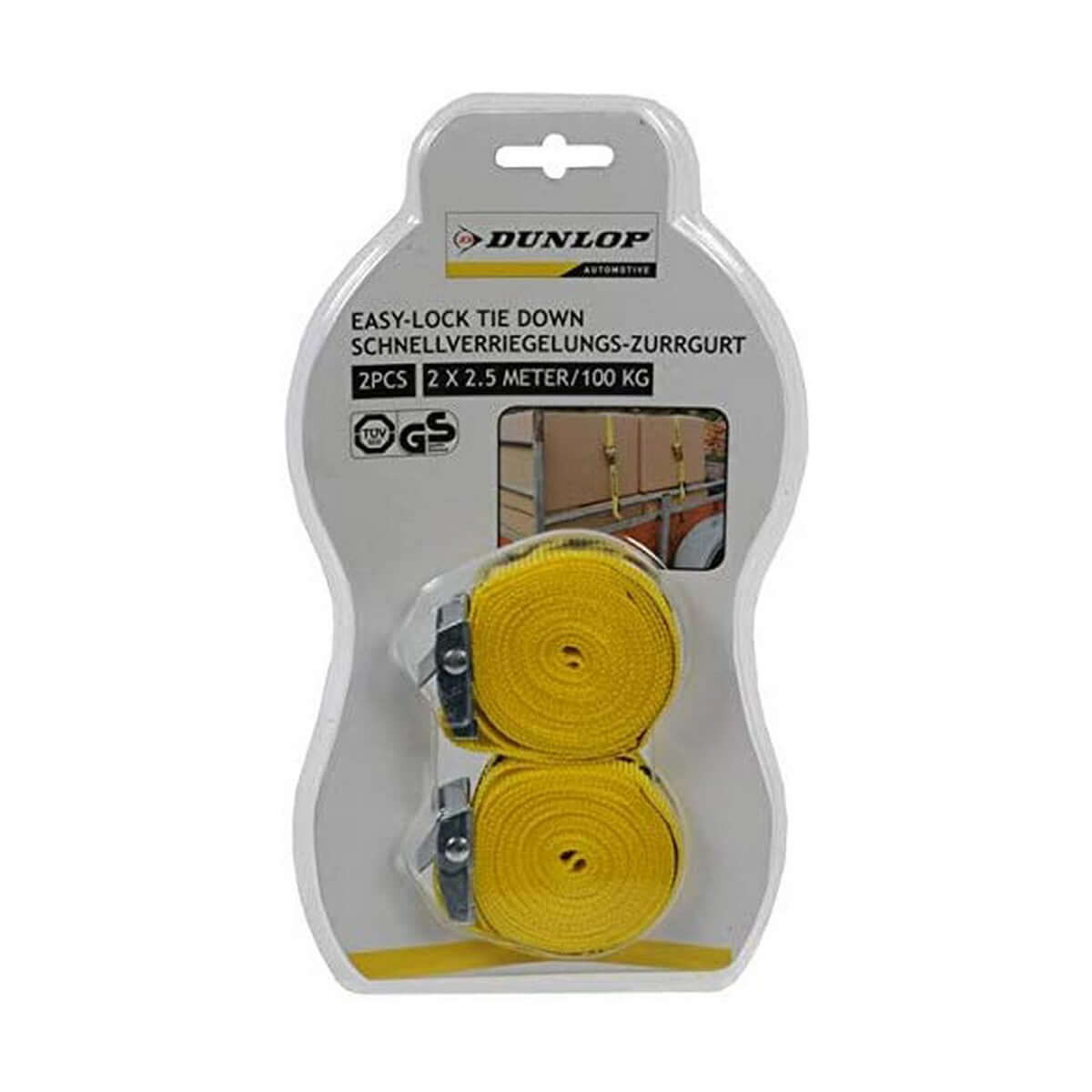 Fastening Strap Dunlop 2.5m yellow nylon strap set for outdoor camping, supports 100kg, ideal for adventures from revlando.com.