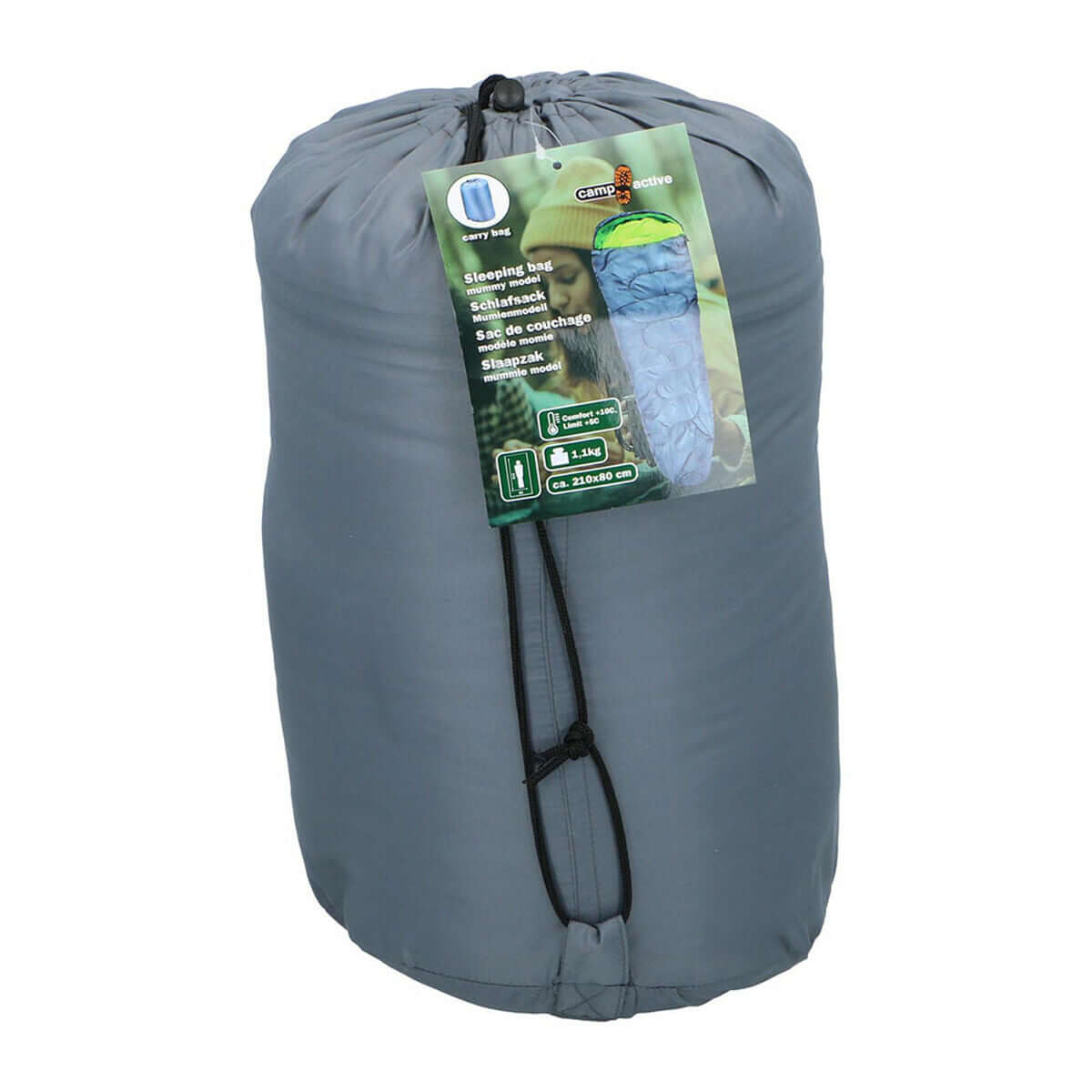 Outdoor camping sleeping bag in grey with green lining, ideal for adventure and unisex use.