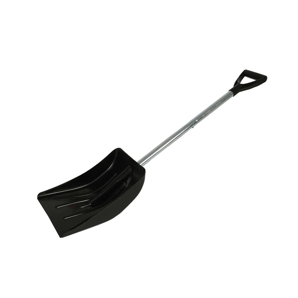 Black plastic snow shovel with metal handle, ideal for outdoor camping adventures, available at revlando.com.