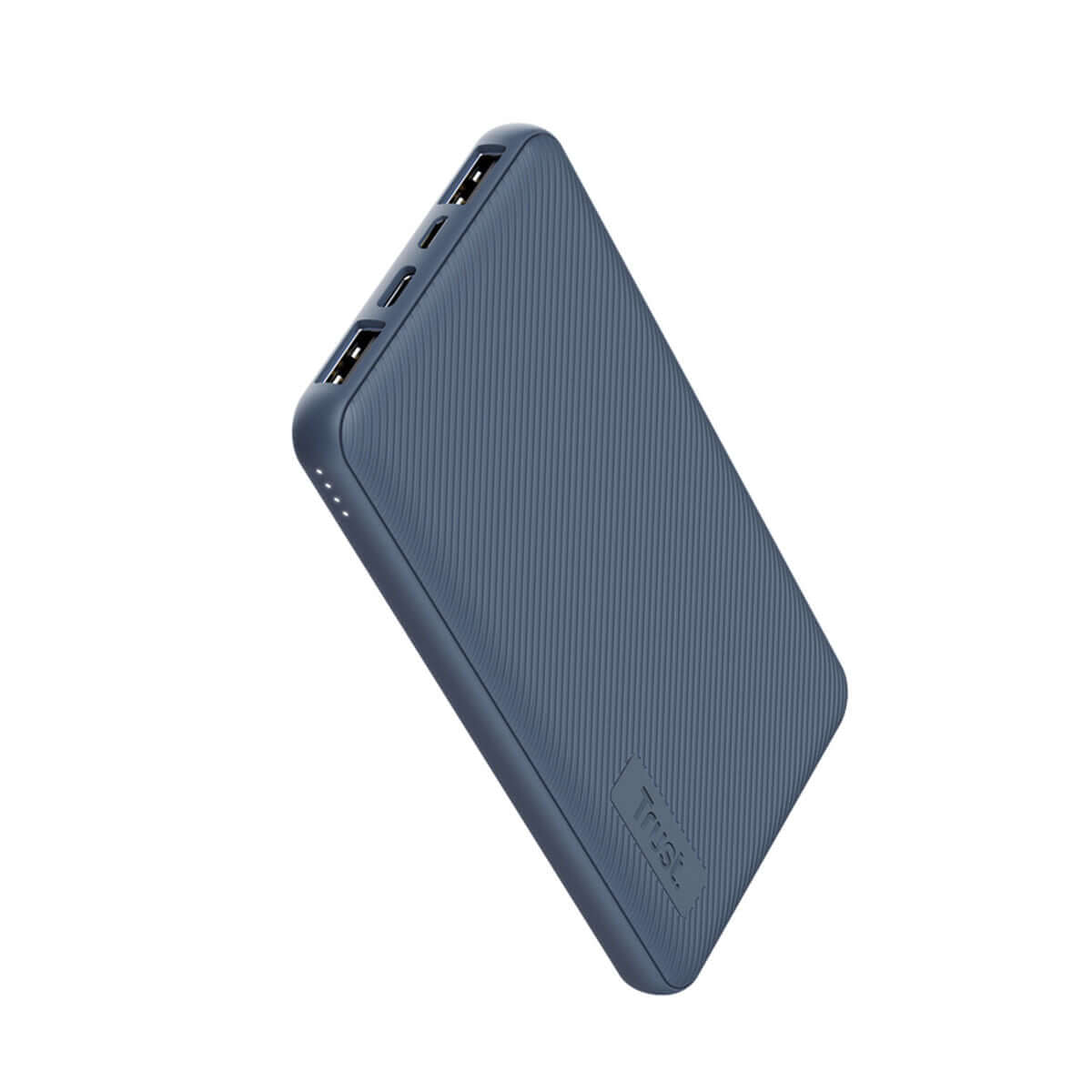 Powerbank Trust 25028 Blue 10000 mAh with USB ports, perfect for outdoor and camping adventures.