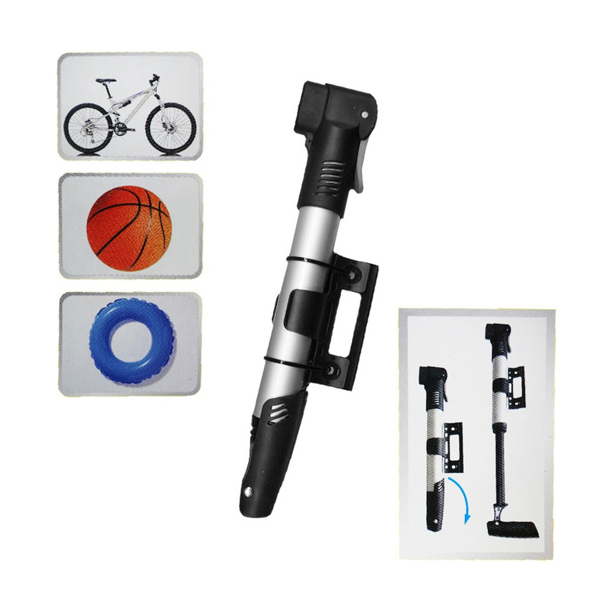 Bensontools bicycle air pump in silver and black, perfect for outdoor and camping adventures from revlando.com.