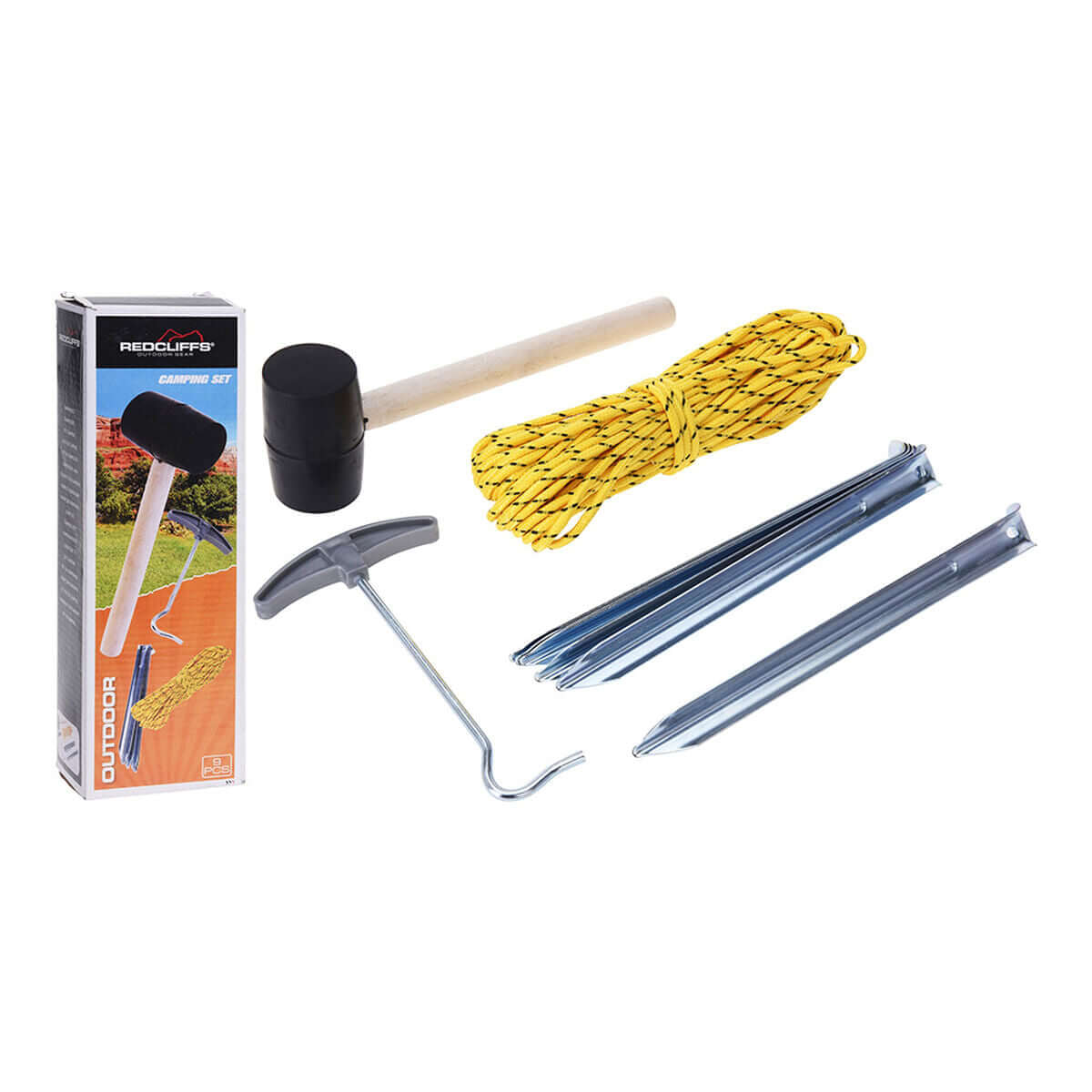 Camping set Redcliffs (9 pieces) for outdoor adventures, including mallet, rope, and stakes. Buy at revlando.com.