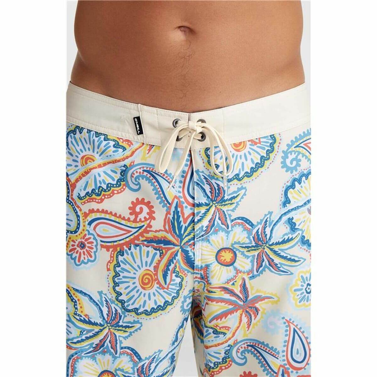 Men's patterned bathing shorts with a colorful floral design, perfect for outdoor and camping adventures.