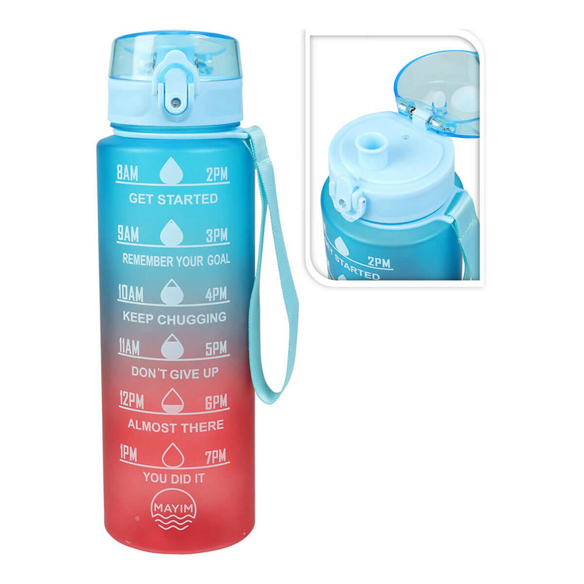 Water bottle with faded blue and red effect, motivational time markers for hydration, 1L capacity.