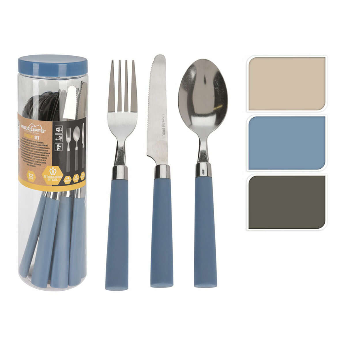 12-piece multicolour camping cutlery set in a container, ideal for outdoor adventures and picnics.