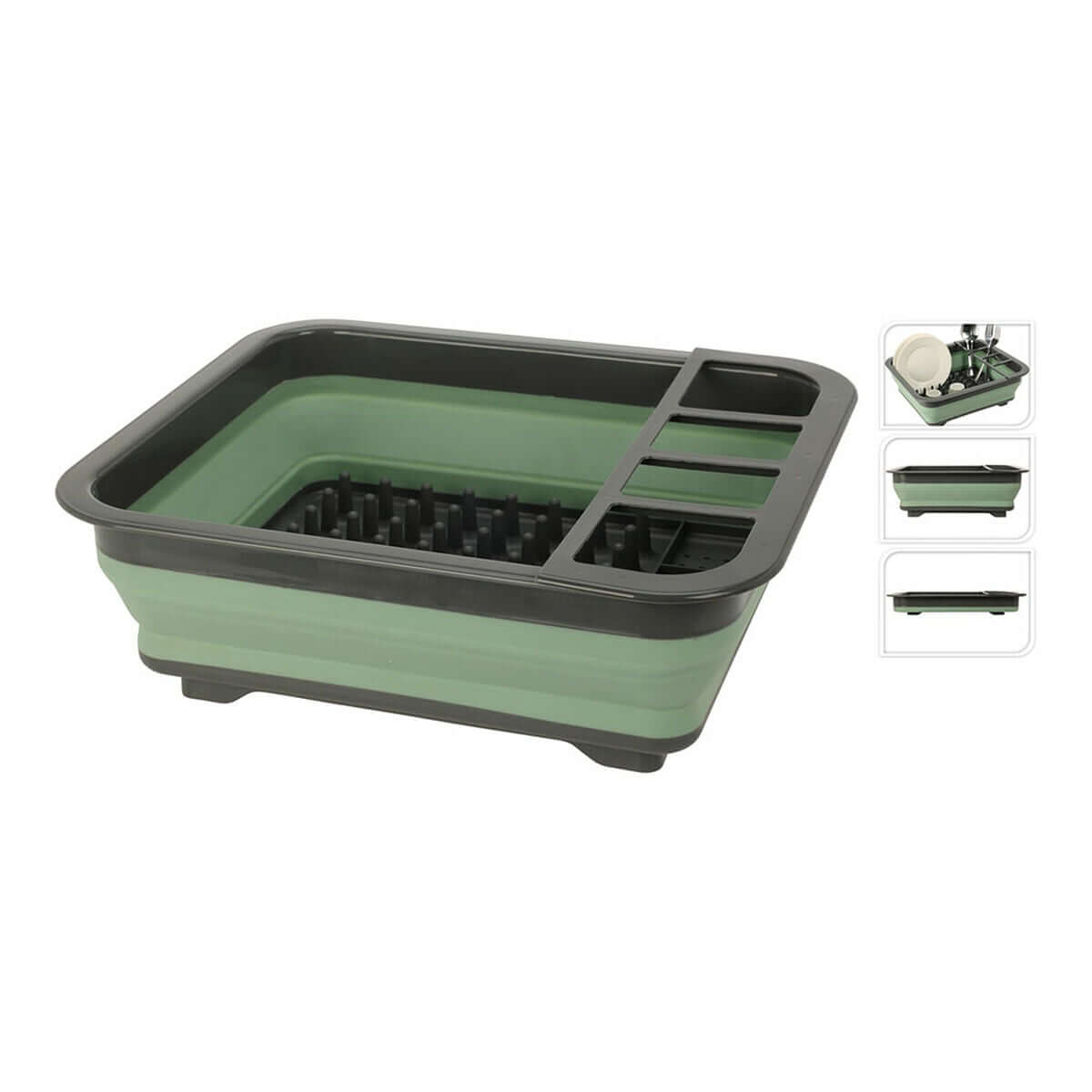 Collapsible dish drainer for camping, compact and foldable design in green and black for outdoor adventures.