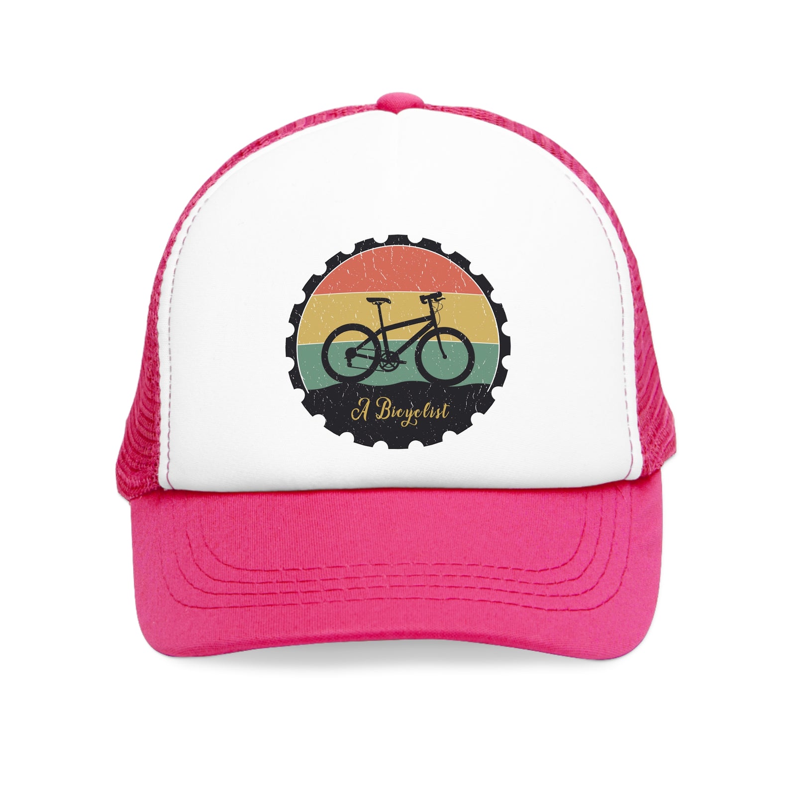 Pink mesh cap featuring a bicycle design, perfect for outdoor adventures and camping products.