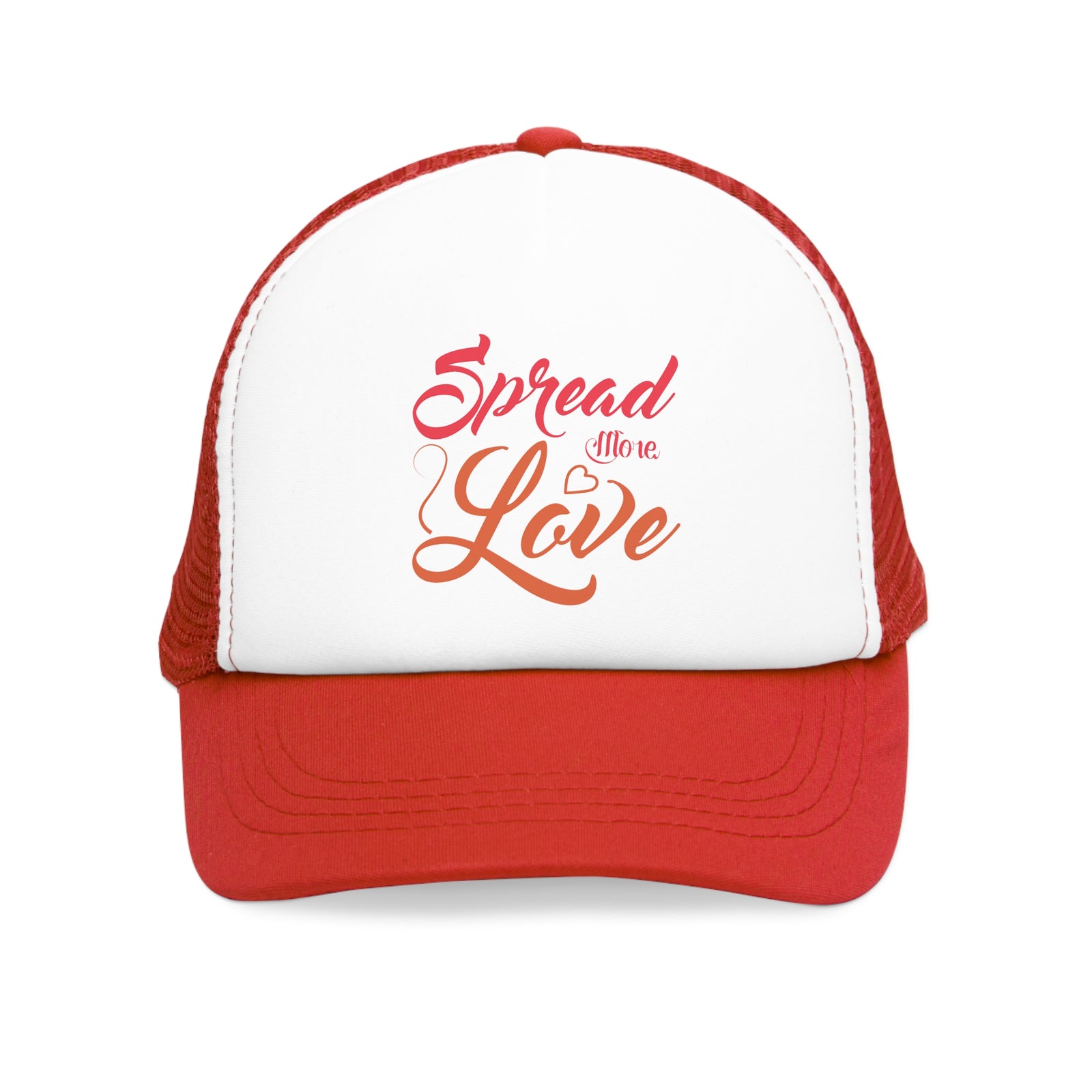 Red mesh cap with 'Spread More Love' design, perfect for outdoor adventures and camping at revlando.com.