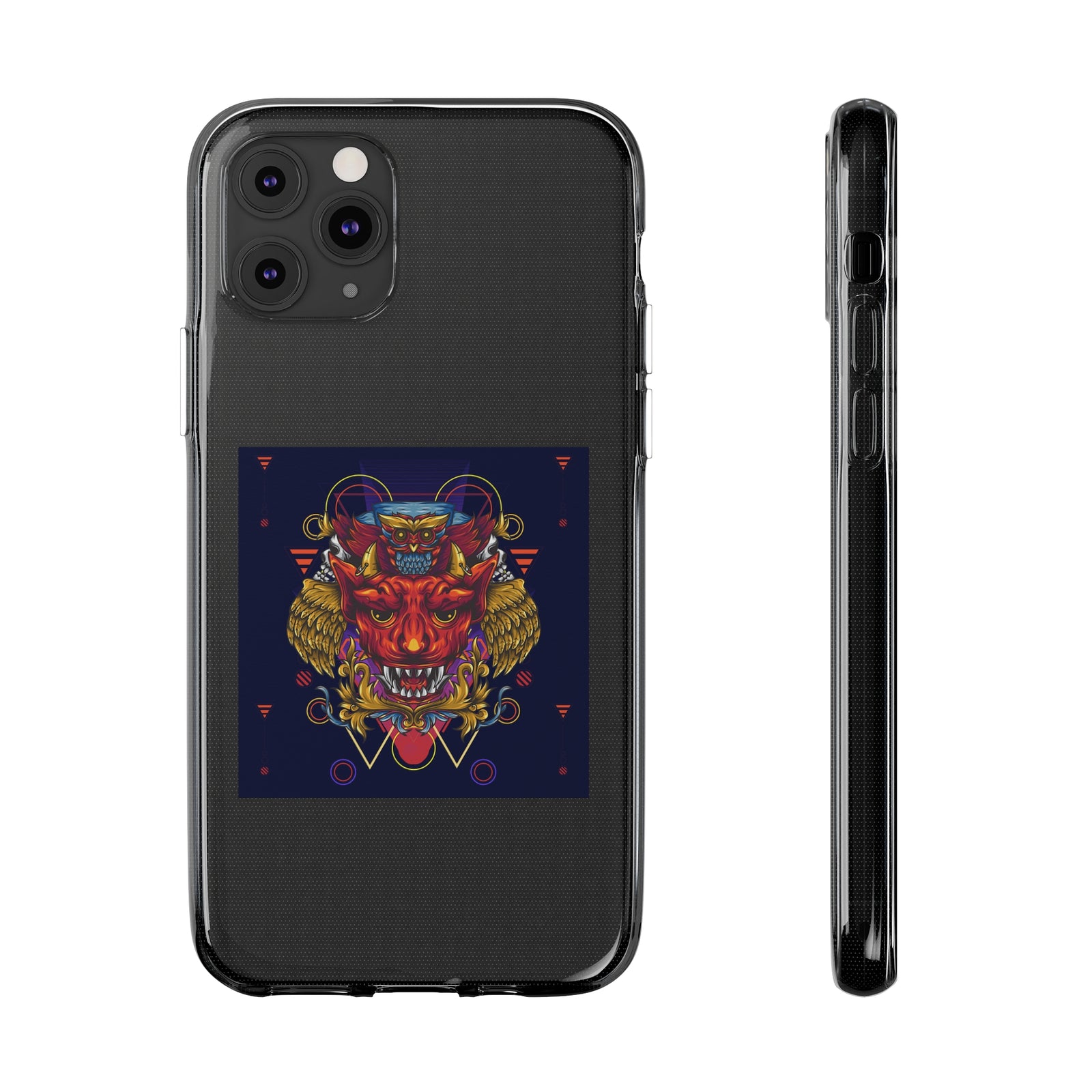 Phone case featuring vibrant Diablo design, made of clear TPU, perfect for adventure and outdoor use.