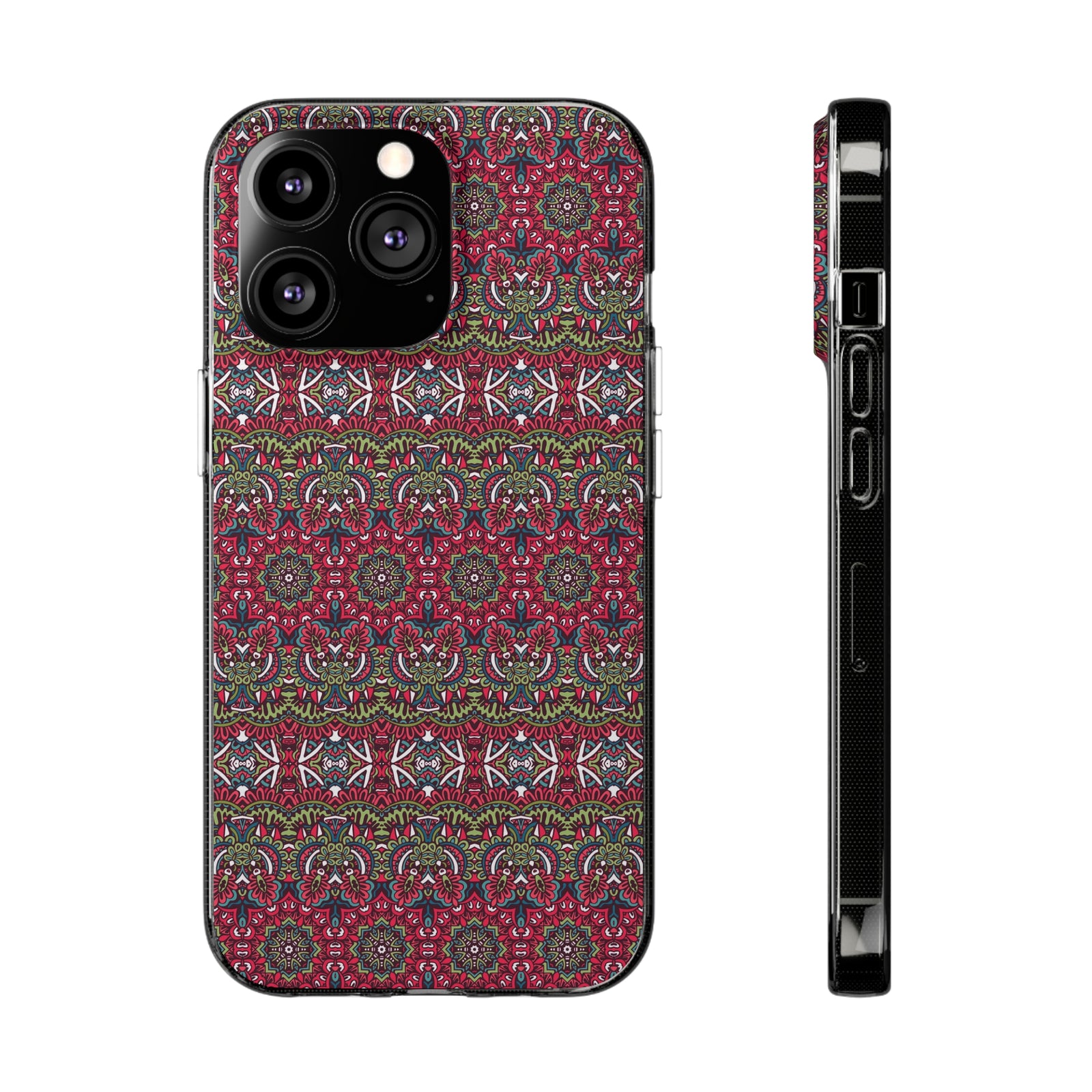 Red mandala phone case designed for durability; perfect for outdoor adventures and camping. Customize at revlando.com.