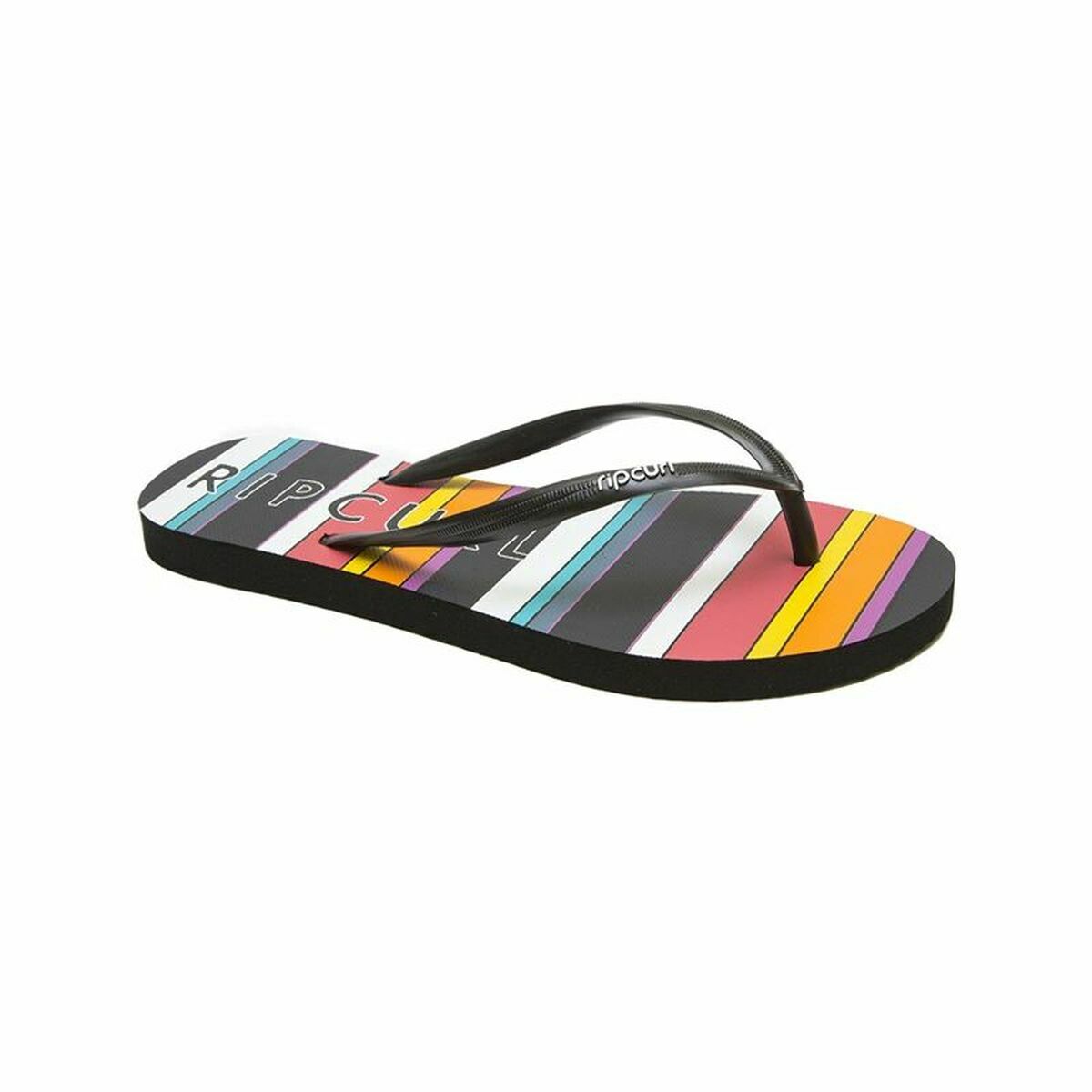 Men's Rip Curl Beach Bazar black flip flops with colorful striped design, perfect for outdoor adventures and summer fun.