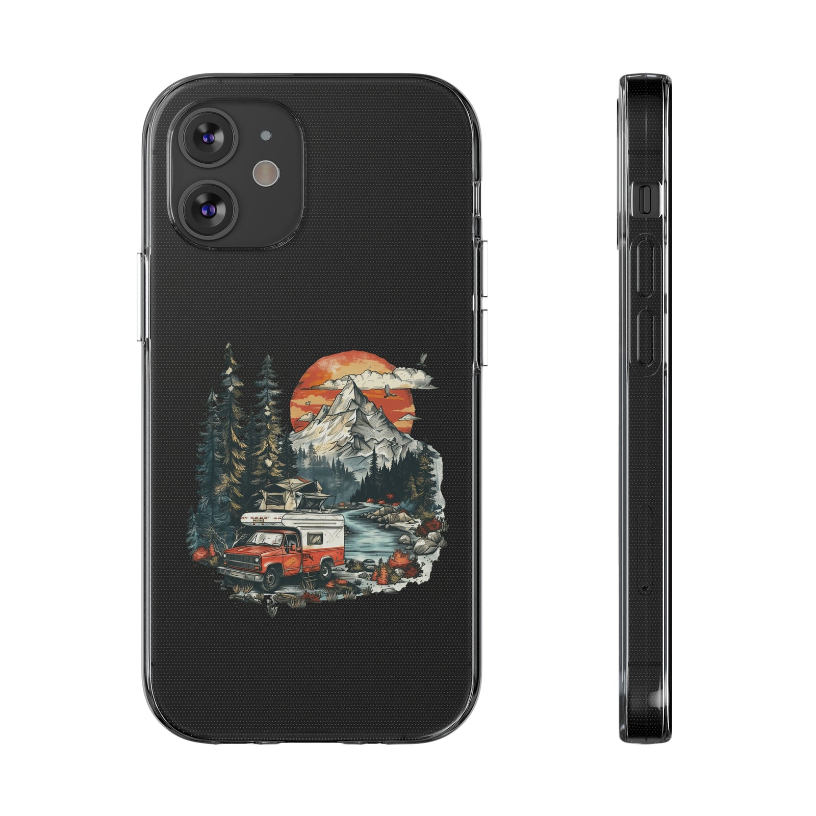 Camping van phone case featuring mountains and sunset, perfect for outdoor adventure lovers, available at revlando.com.