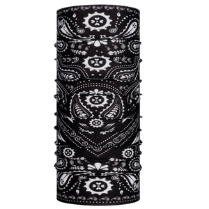 Buff Original Ecostretch Tube Scarf in black and white floral design, stylish outdoor accessory for adventure and travel.