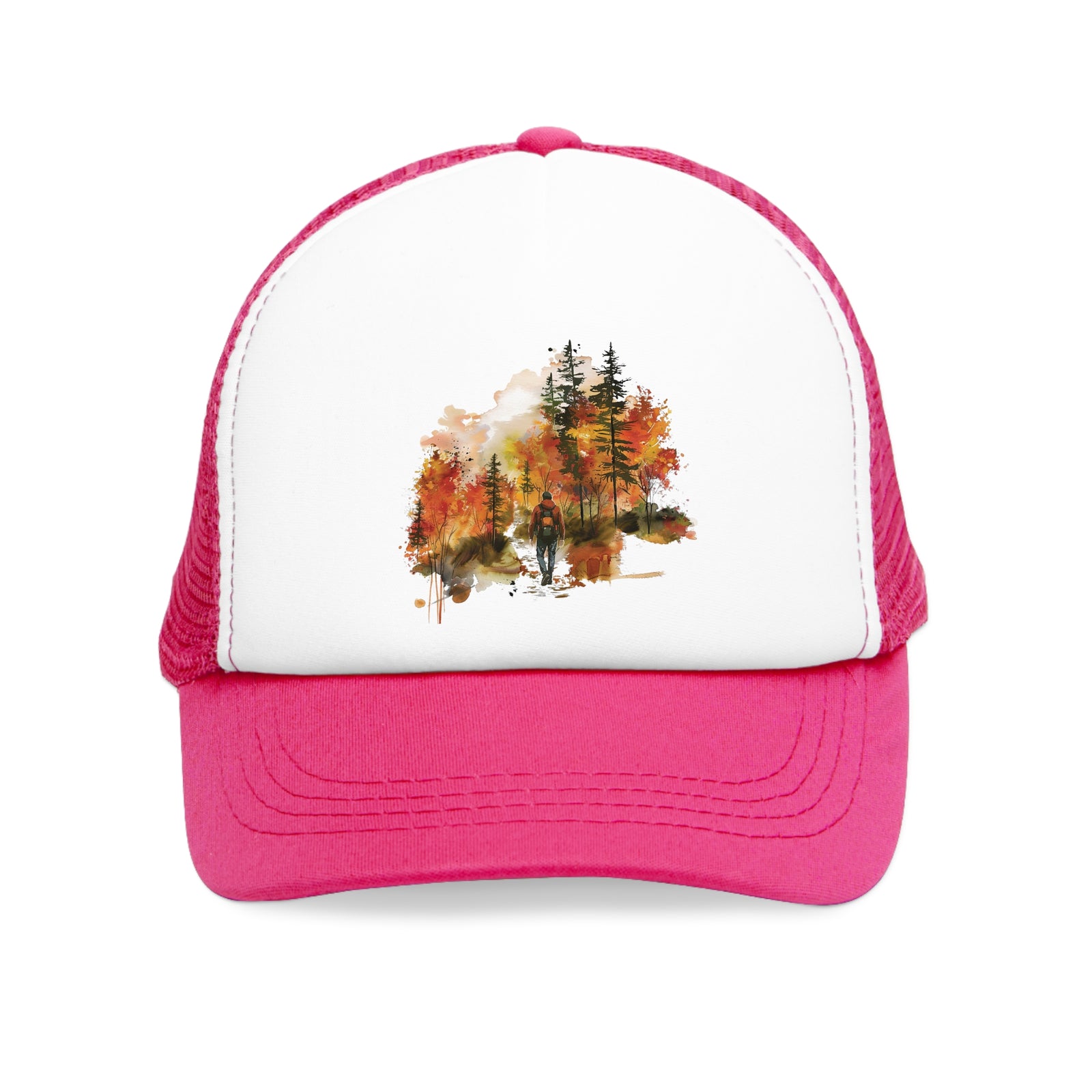 Pink mesh cap featuring a watercolor forest design, perfect for outdoor adventures and camping.
