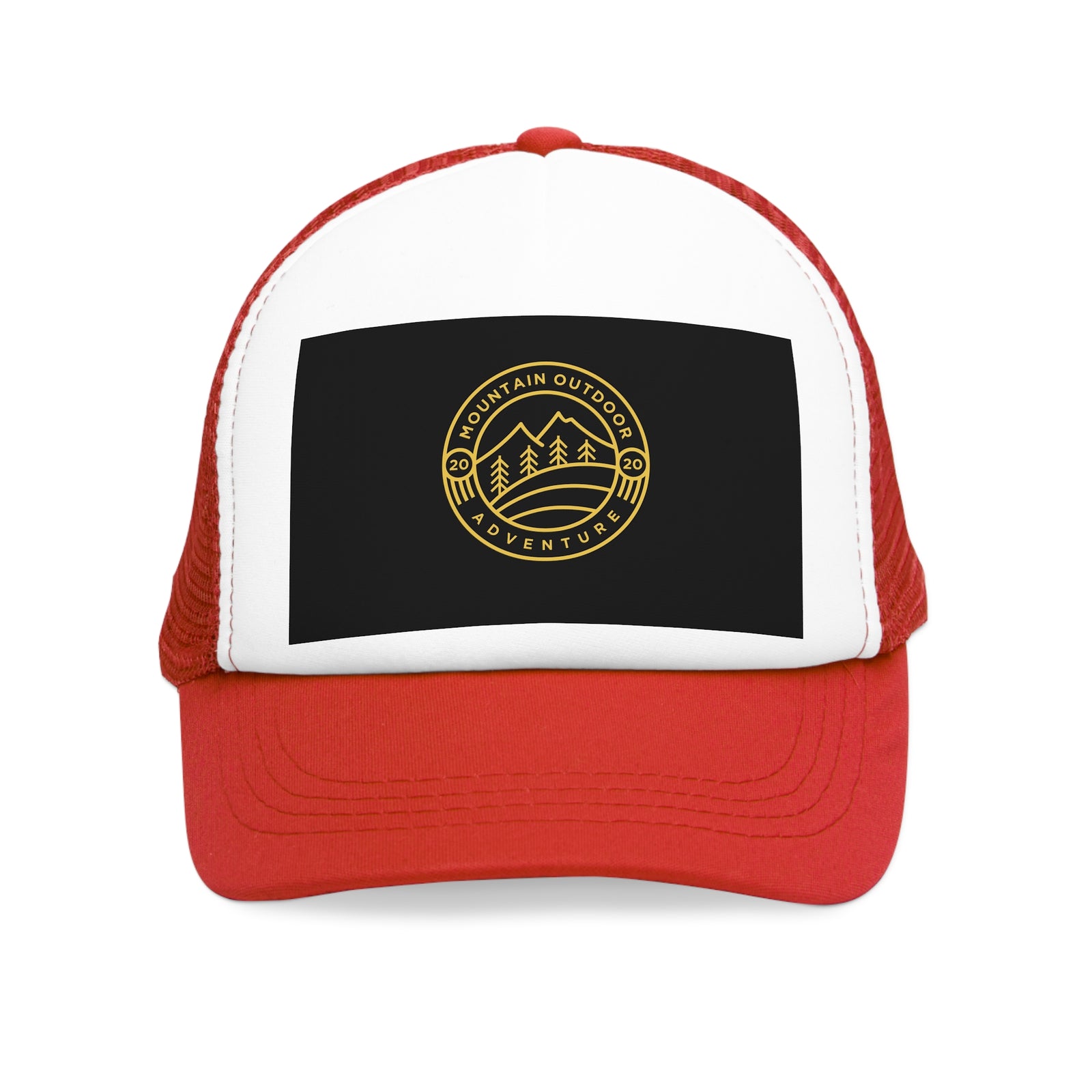 Red mesh cap featuring mountain logo for outdoor adventures, perfect for camping trips at revlando.com.