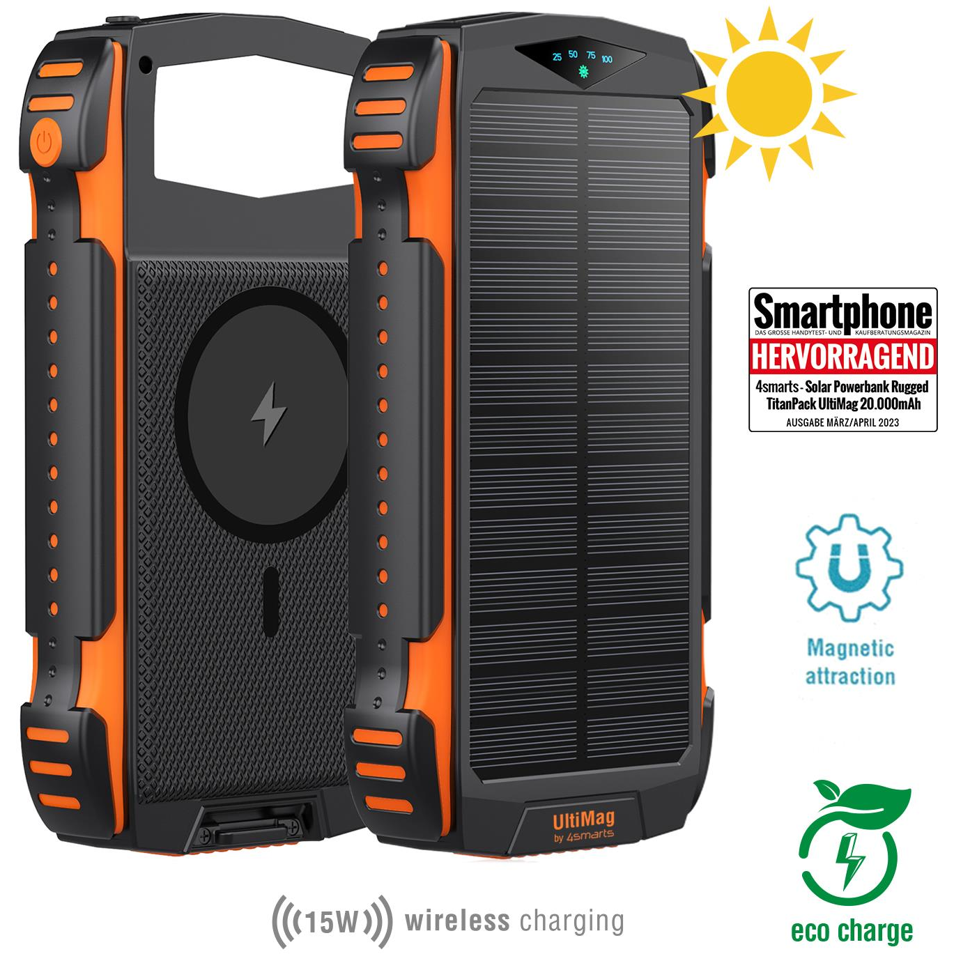 4smarts Solar TitanPack UltiMag Power Bank 20000mAh - Fekete / Narancssárga (4S496560)-0