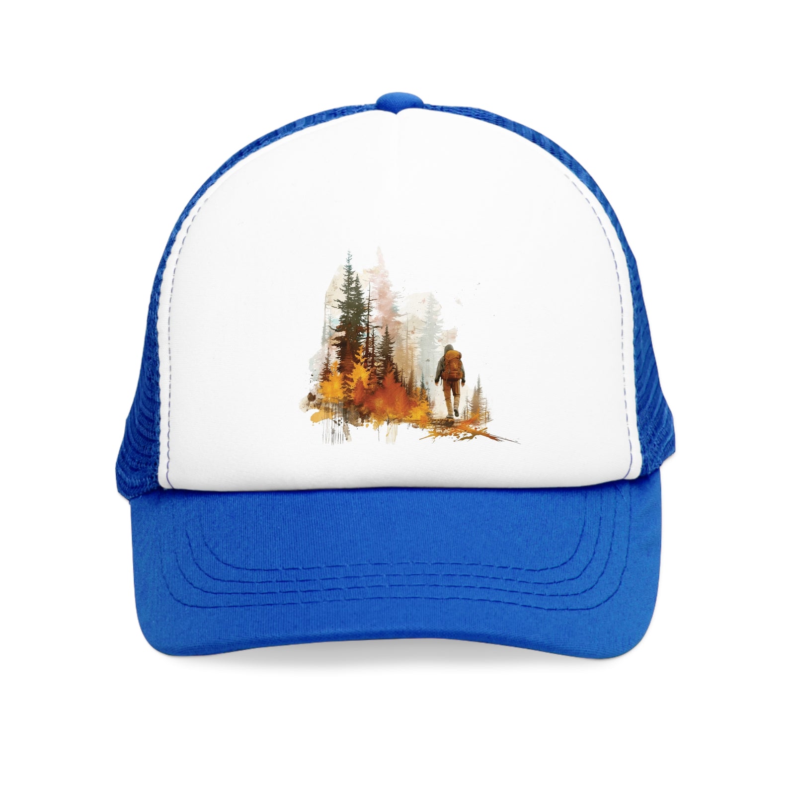 Blue mesh cap with outdoor forest design, perfect for camping adventures. Available at revlando.com.