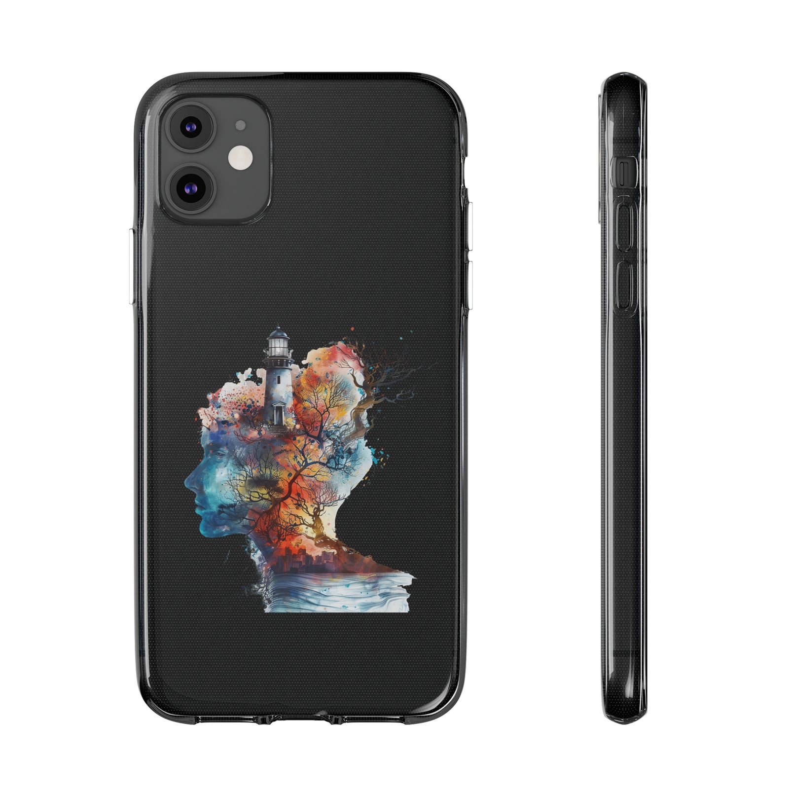 Abstract phone case design featuring a silhouette with a lighthouse and colorful nature elements, perfect for outdoor adventures.