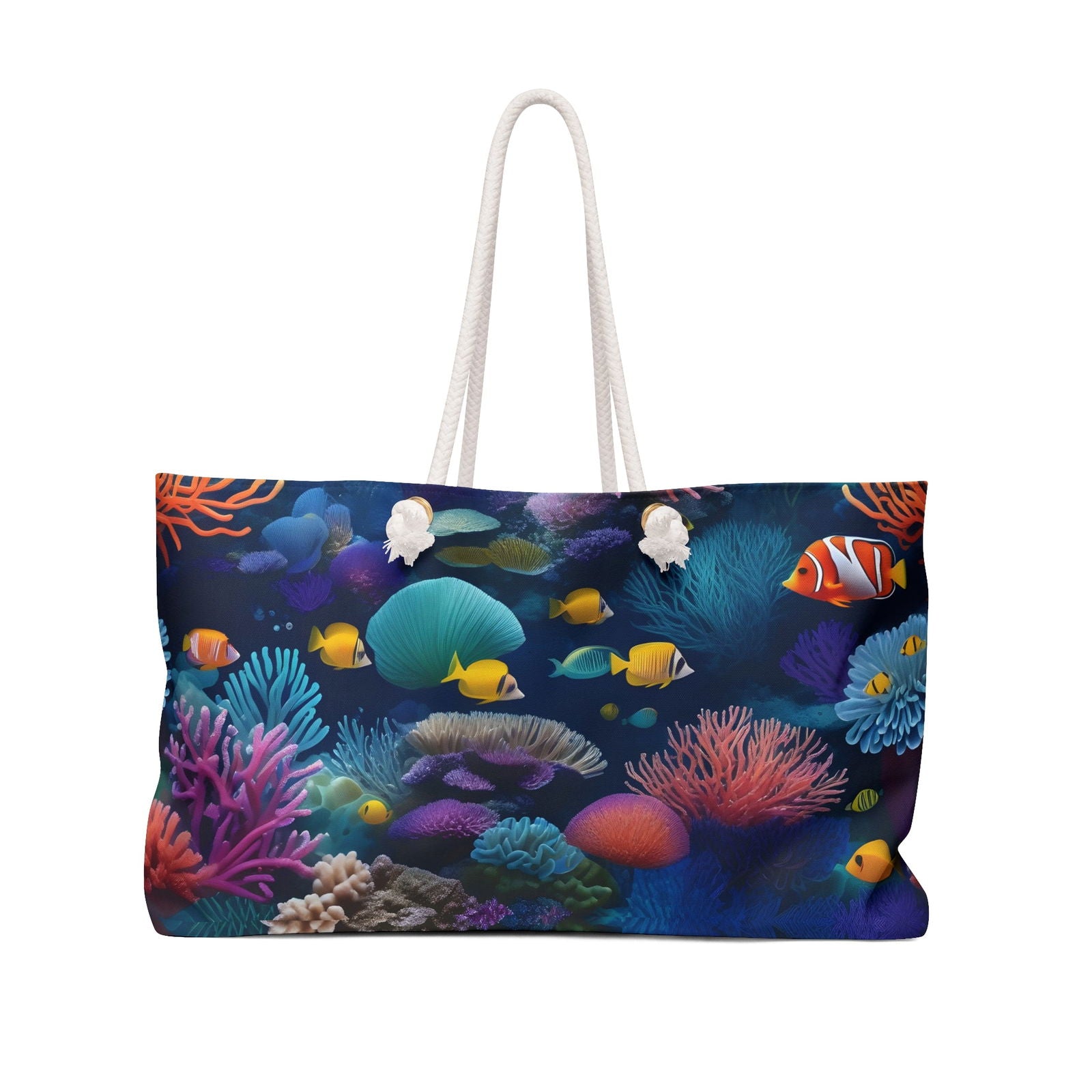 Colorful beach bag featuring vibrant coral and fish design, ideal for outdoor adventures and weekend getaways.