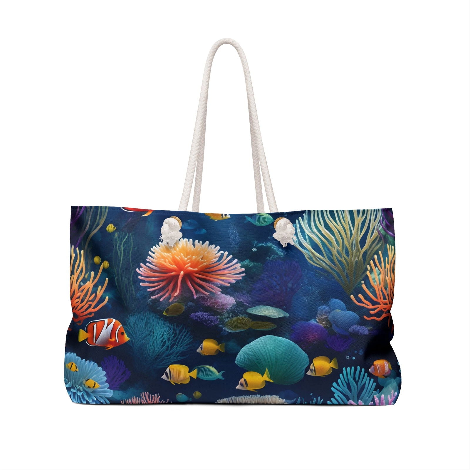 Colorful beach bag featuring vibrant coral and fish design, ideal for outdoor adventures and weekend getaways.