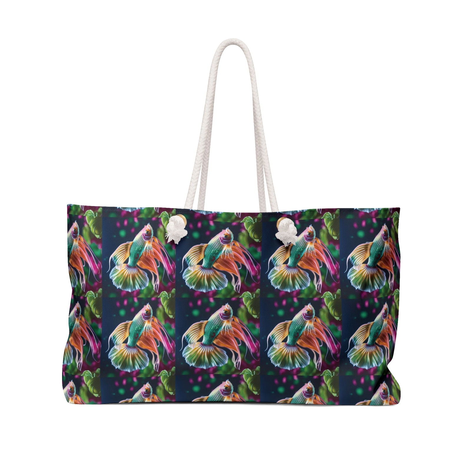 Colorful beach bag featuring fish design, ideal for outdoor adventures and camping. Perfect for a weekend getaway.