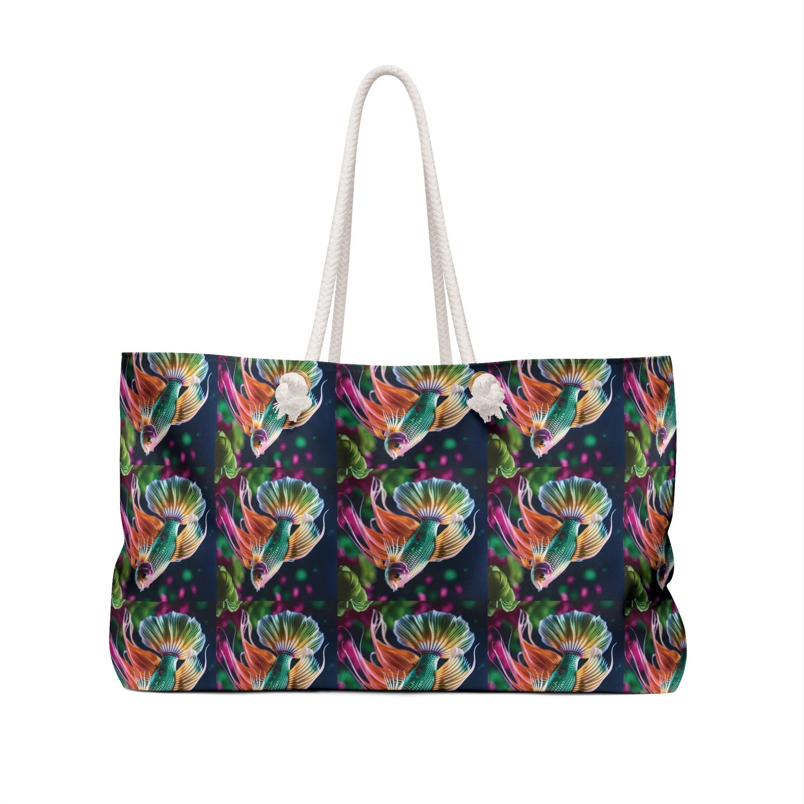 Colorful beach bag featuring fish design, ideal for outdoor adventures and camping. Perfect for a weekend getaway.