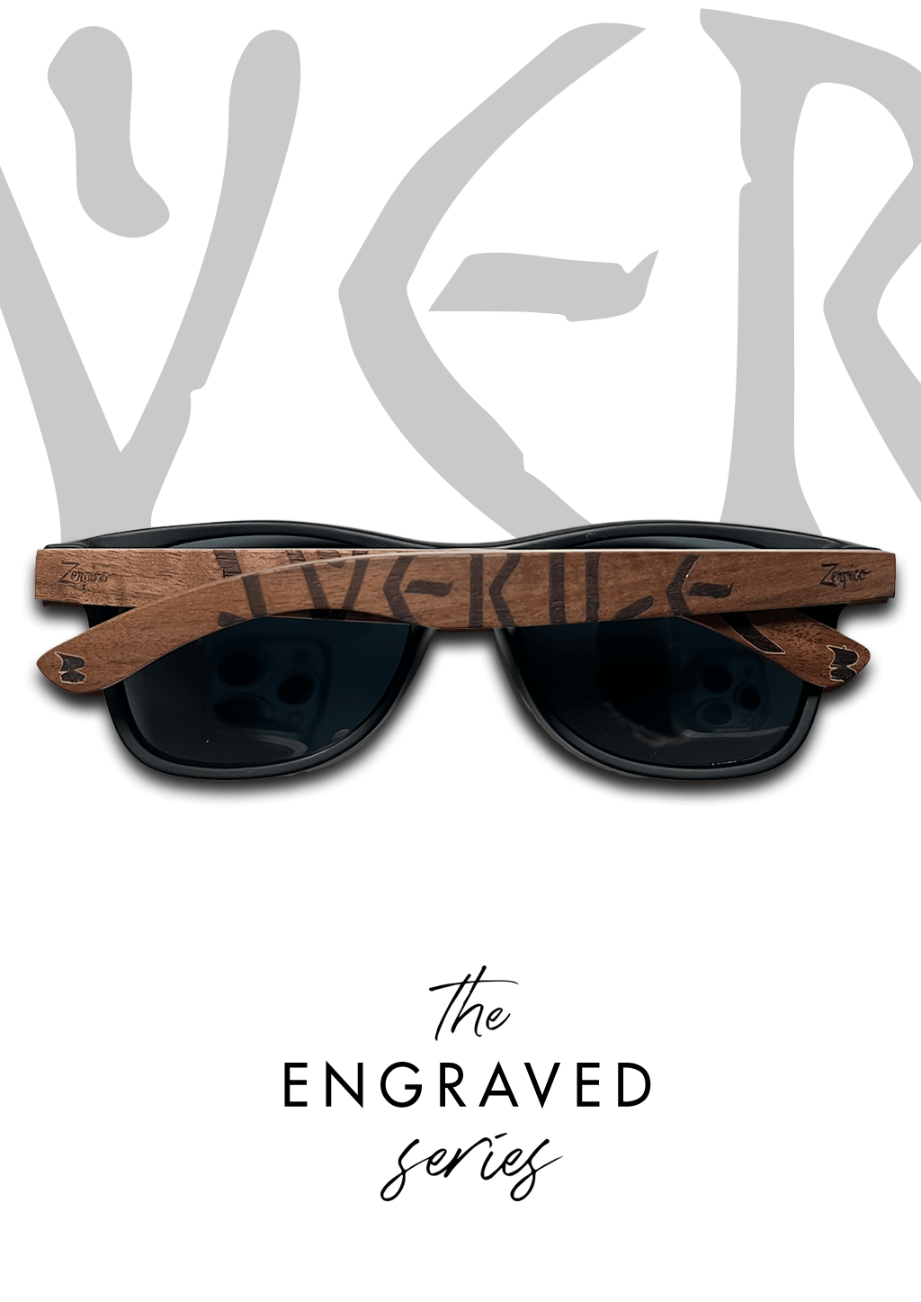 Eyewood engraved wooden sunglasses with Viking runes, perfect for outdoor adventures and camping.