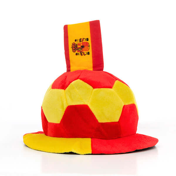 Man wearing a red and yellow football hat with Spanish flag, perfect for outdoor adventures and cheering on your team.
