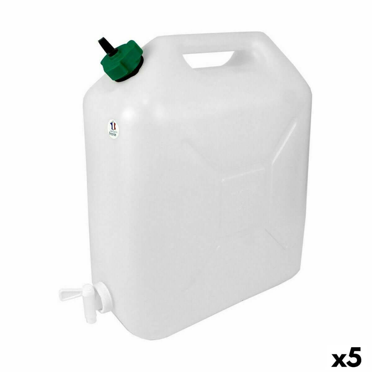 White plastic 20L water container with tap, perfect for outdoor camping and adventures, pack of 5 units.