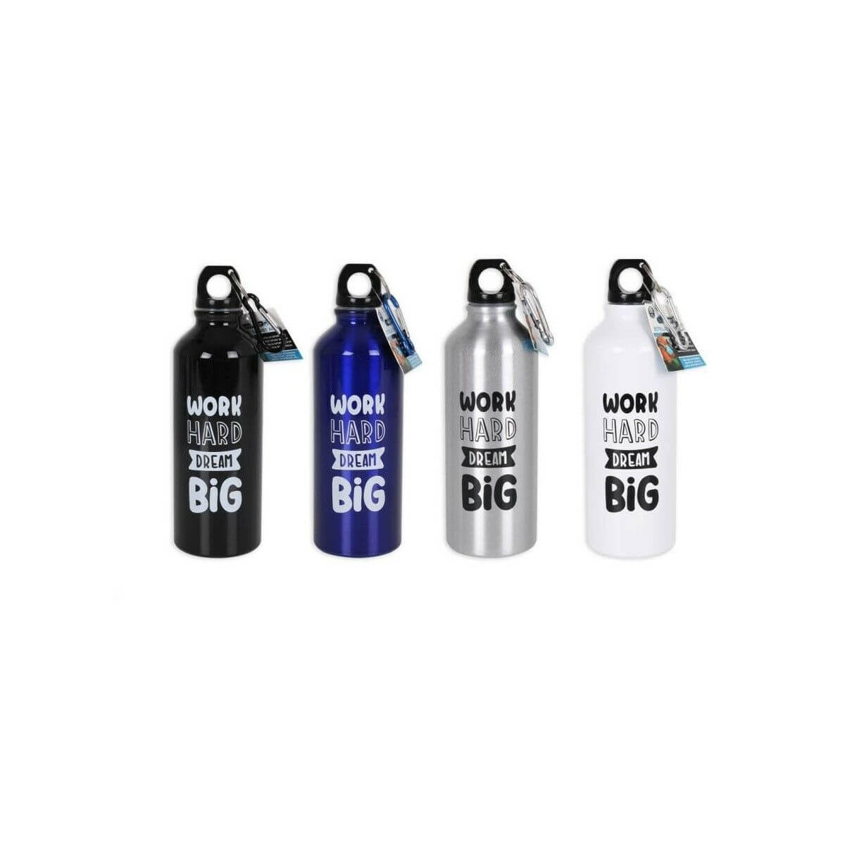 Assorted aluminium thermal bottles in black, blue, silver, and white, each 500 ml, ideal for outdoor adventures.