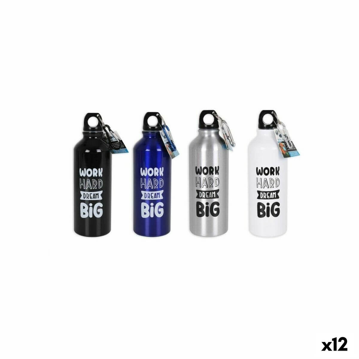 Assorted aluminium thermal bottles in black, blue, silver, and white, each 500 ml, ideal for outdoor adventures.