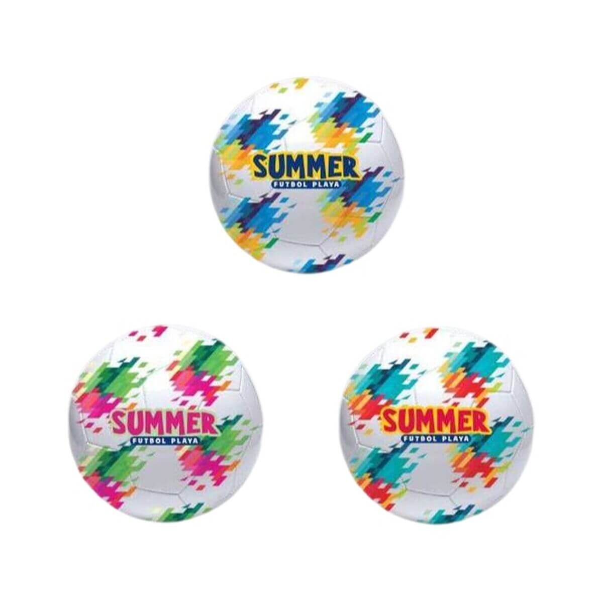 Colorful assortment of outdoor footballs with 'SUMMER' branding, ideal for camping and adventures.
