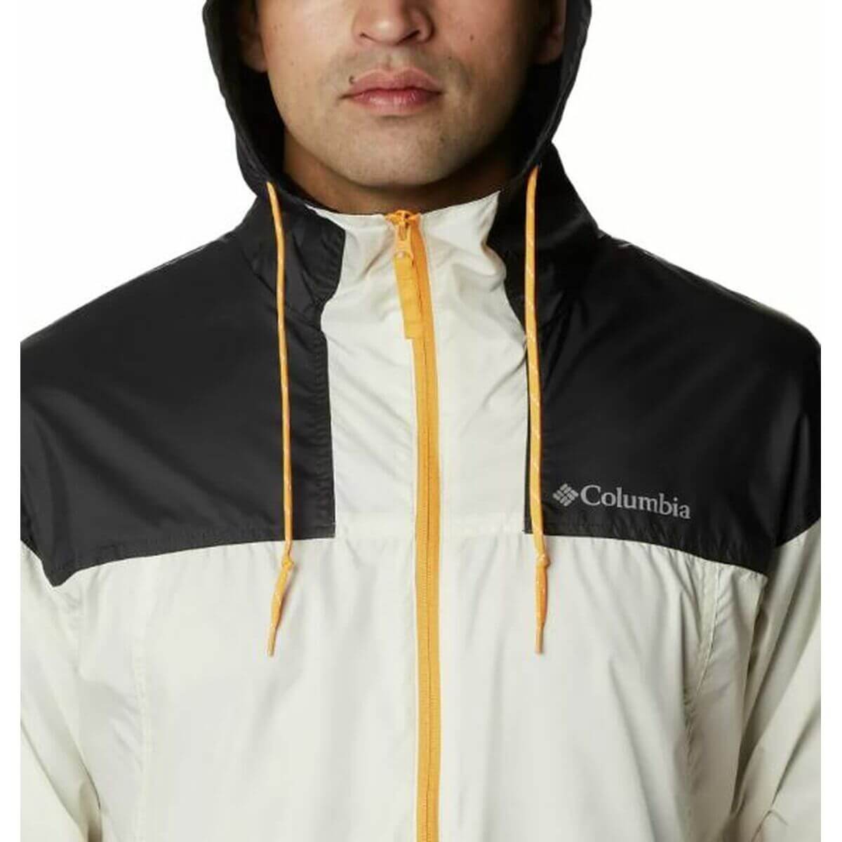 Men's Columbia Flash Challenger Windcheater Jacket in white and black, perfect for outdoor adventures and camping.
