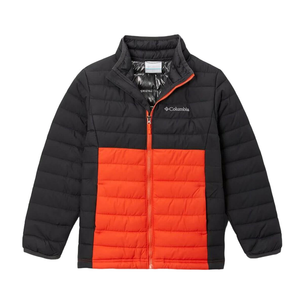 Children's Columbia Powder Lite jacket in black and orange, ideal for outdoor adventures and camping, available at revlando.com.