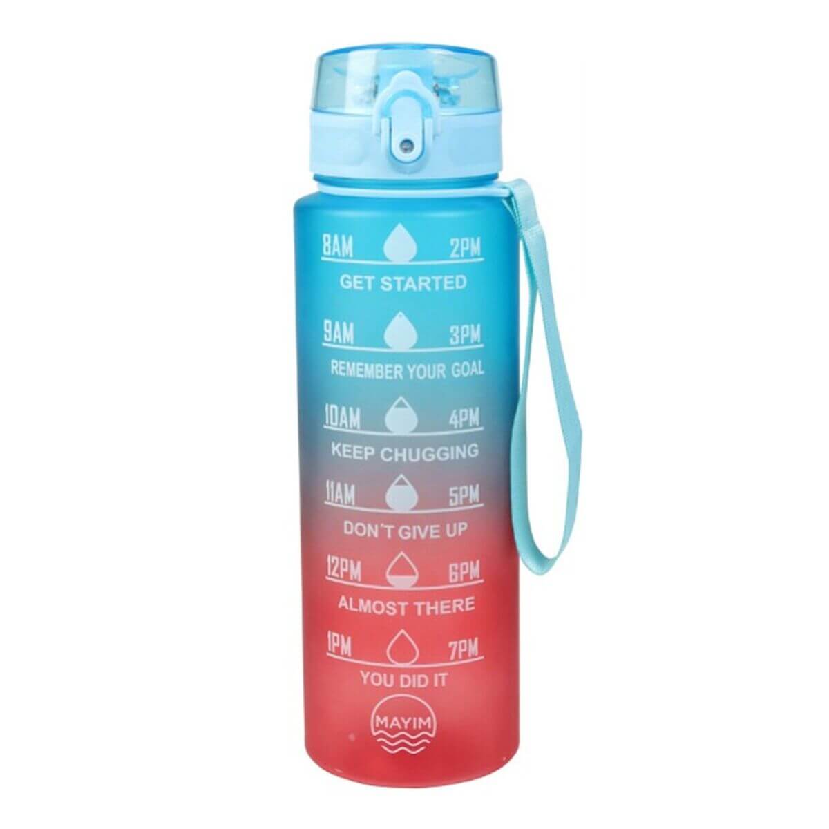Water bottle with faded blue and red effect, motivational time markers for hydration, 1L capacity.