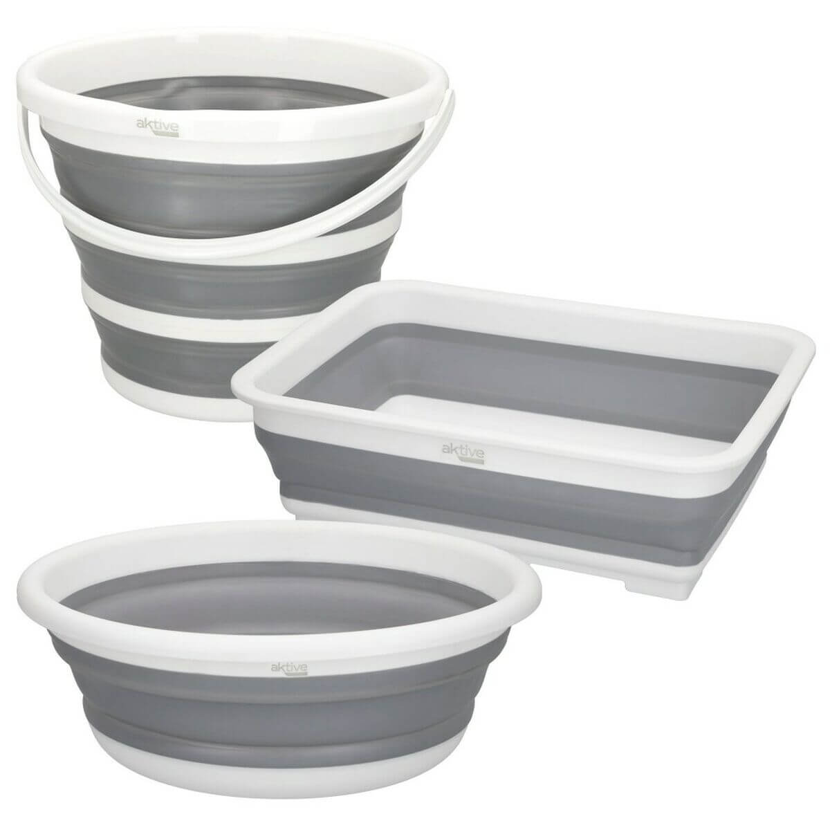 Foldable bucket set Aktive includes 2 units: wash bowl and two buckets, perfect for outdoor camping adventures.