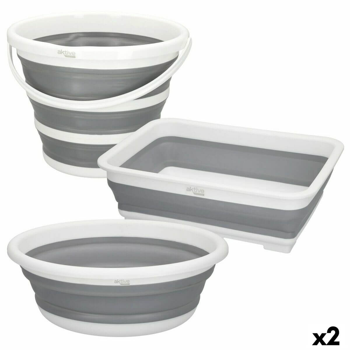 Foldable bucket set Aktive includes 2 units: wash bowl and two buckets, perfect for outdoor camping adventures.