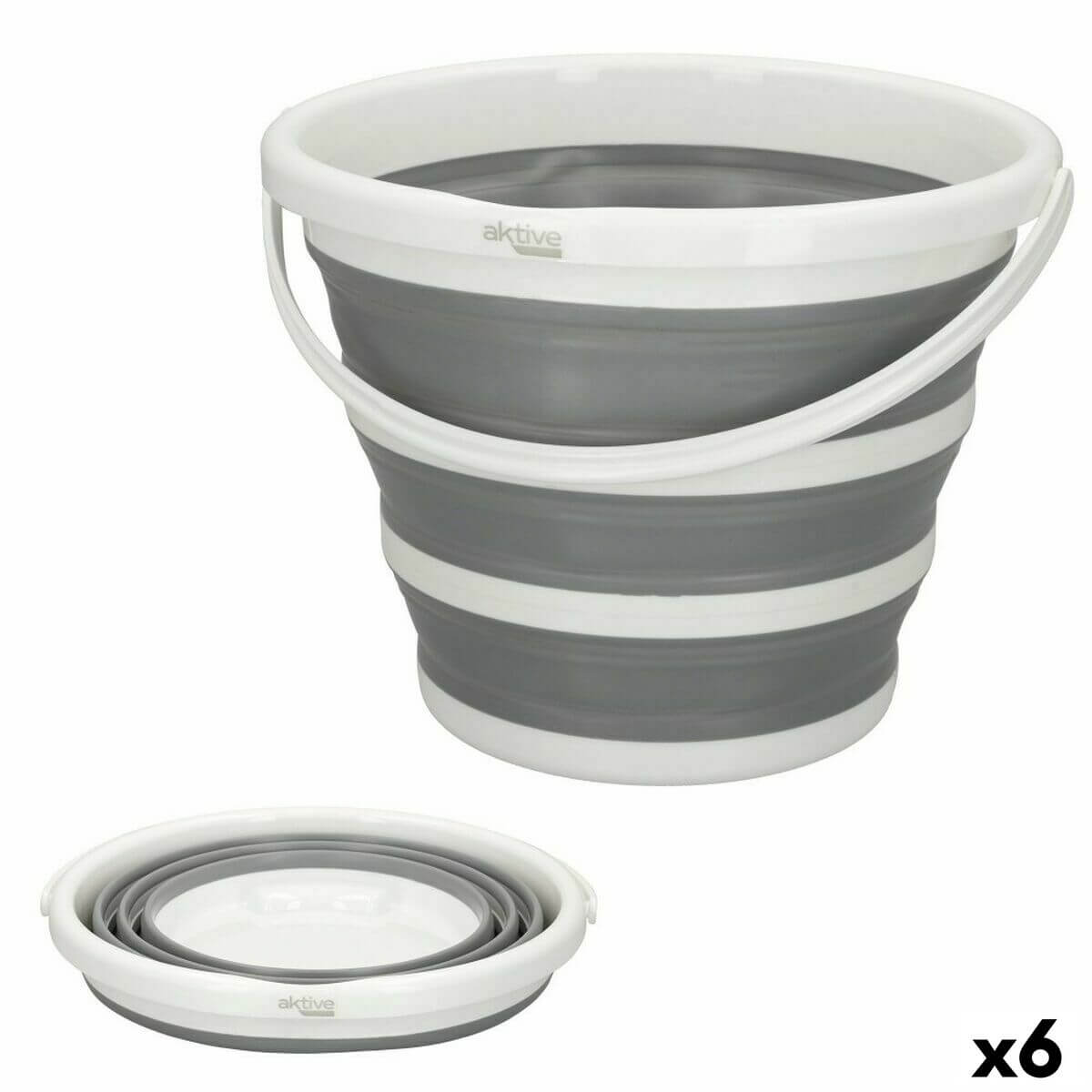 Set of 6 Aktive 10L collapsible buckets in white and grey, perfect for outdoor camping adventures.
