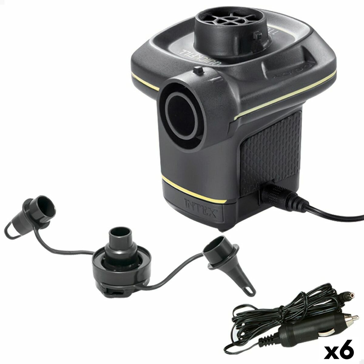 Intex Electric Air Pump with interchangeable nozzles and car adaptor, perfect for outdoor camping adventures.