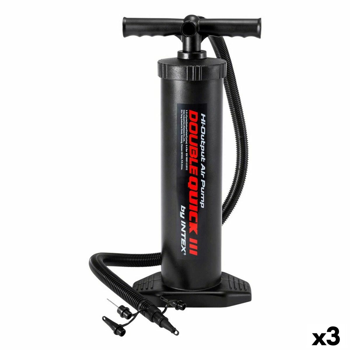 Intex Double Quick III air pump in black, ergonomic design, ideal for outdoor camping adventures, includes 3 units and interchangeable nozzles.