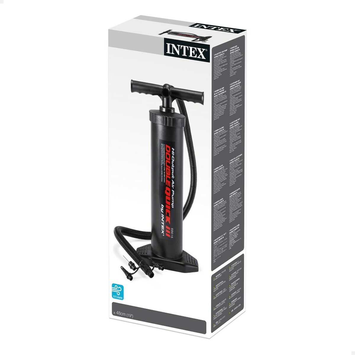 Intex Double Quick III air pump in black, ergonomic design, ideal for outdoor camping adventures, includes 3 units and interchangeable nozzles.