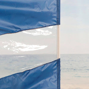 Close-up of Beach Tent material showcasing blue fabric and transparent sections, ideal for outdoor adventures.