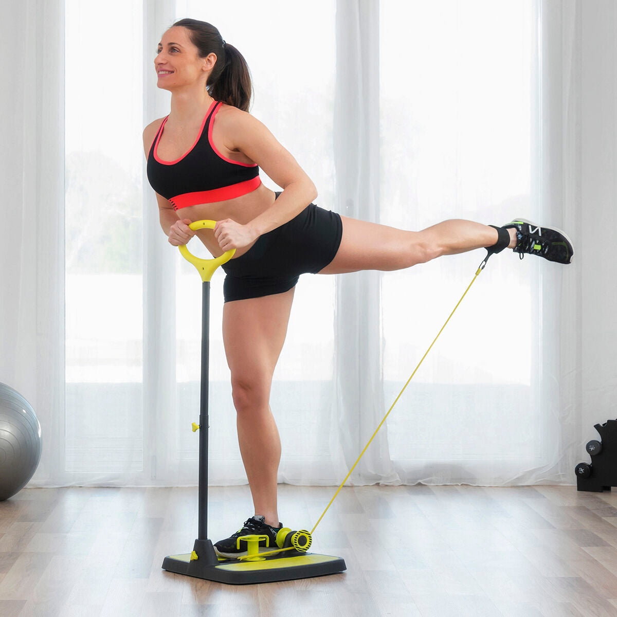 Woman using Buttocks & Legs Fitness Platform for outdoor fitness and leg exercises at home with innovative design.